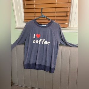 Cozy blue sweater that says I love coffee